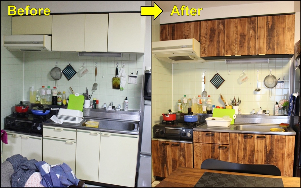 Diy キッチンの扉に木目の壁紙を張って部屋の雰囲気を変えました キッチン フリーソフトselection